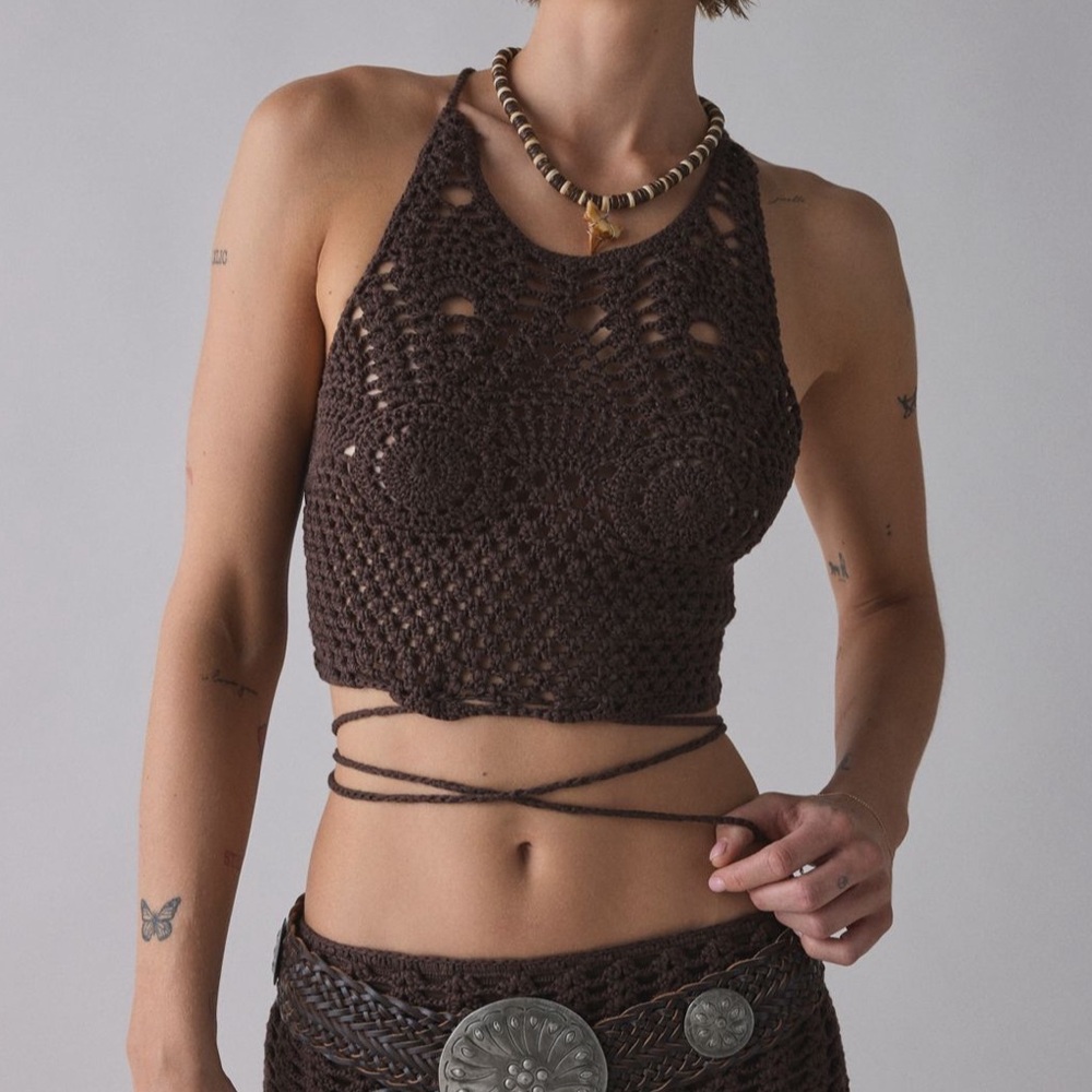 Out From Under • Chocolate Brown Crochet Lace Up Top - Picture 4 of 15